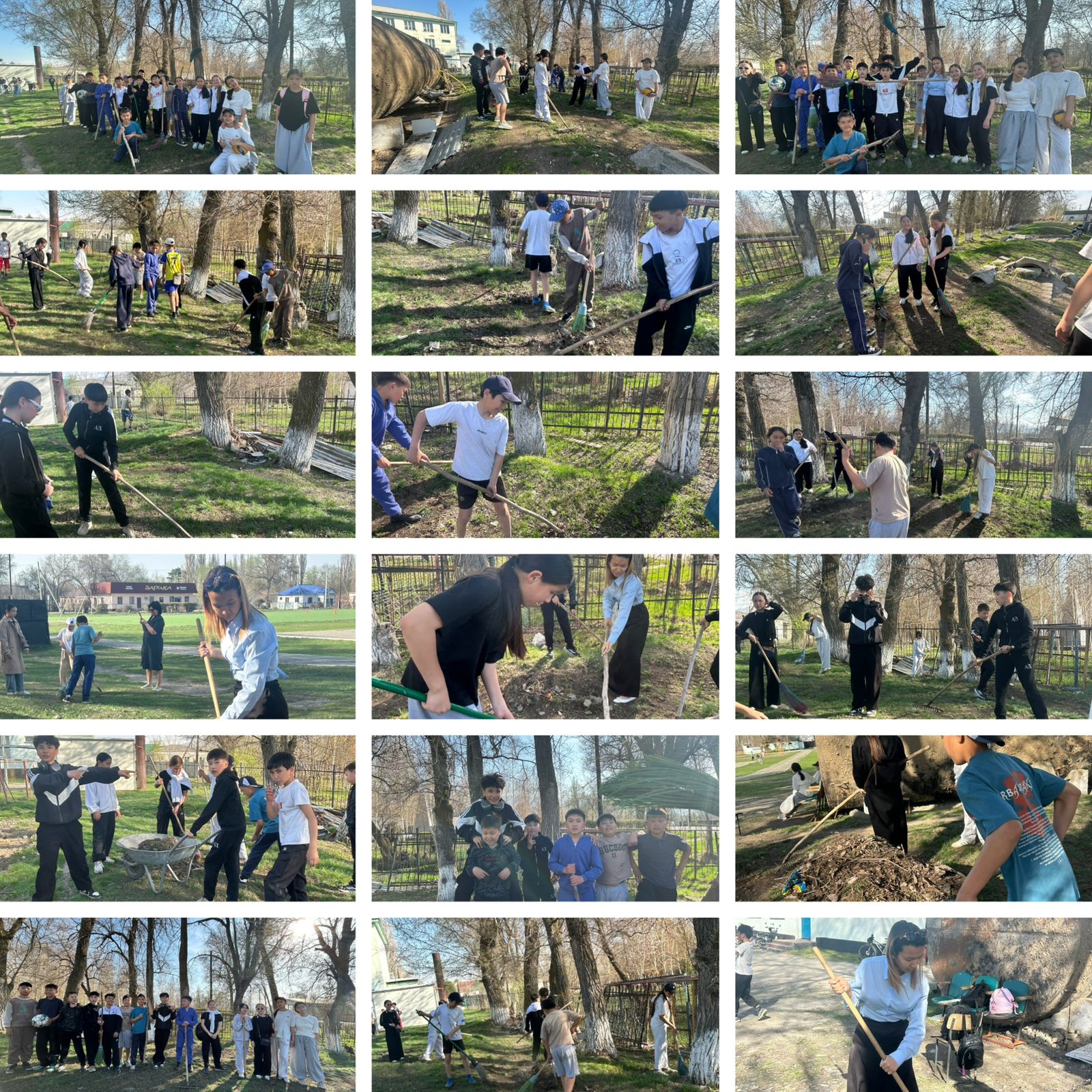 Алмалы орта мектебінде "Жаңару күні" аясында ұйымдастырылып отырған экологиялық іс-шараға 6"А" сыныбы да өз үлестерін қосты. Мақсаты мектеп ауласын таза ұстау, табиғатиы аялау. Сынып жетекшісі Серік Наргиз.