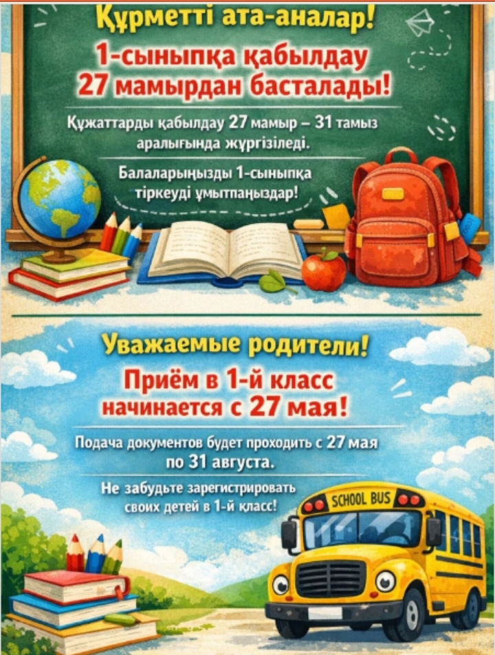 Ата-аналар назарына! 1-сыныпқа қабылдау 27 мамырдан басталады!